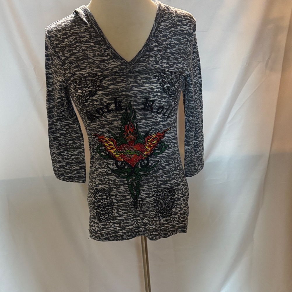 Stylish Layered with Love Black and Gray V-Neck Hoodie with Graphic Design